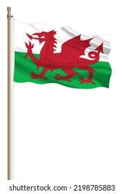 3D Flag Of Wales On A Pillar Blown Away Isolated On A White Background.