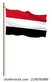 3D Flag Of Yemen On A Pillar Blown Away Isolated On A White Background.