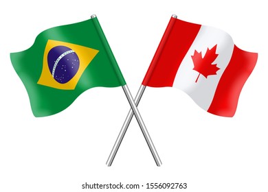 3D Flags of Canada and Brazil isolated on a white background 