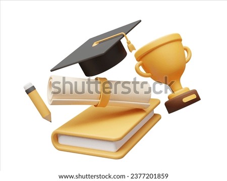 3d floating book, trophy graduation hat, diploma and pencil, illustration of graduation, school and education	