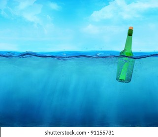 3d Floating Bottle With Message On The Ocean Waterline View