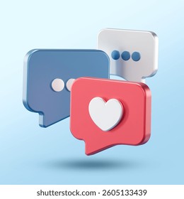 3D floating chat bubbles in red, blue, and white with heart and typing icons on a light blue background. Represents digital communication, messaging, and social interaction.