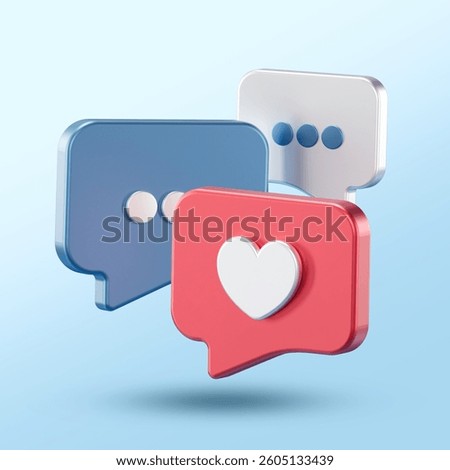 3D floating chat bubbles in red, blue, and white with heart and typing icons on a light blue background. Represents digital communication, messaging, and social interaction.
