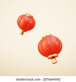 3d Floating Red Lantern Toys Made With Plastic Texture. Asian Holiday Elements Isolated On Beige Background