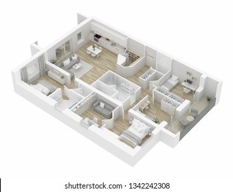 3D Floor Plan Of A Home, 3D Illustration. Open Concept Living Apartment Layout