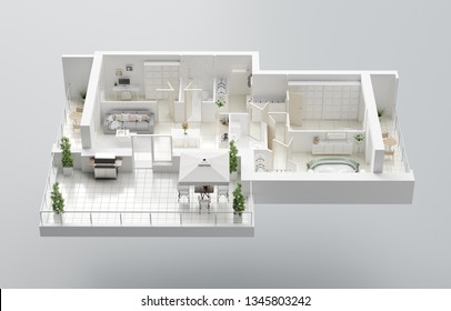 3D Floor Plan Of A Home, 3D Illustration. Open Concept Living Apartment Layout