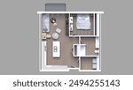 3d floor plan rendering for One bedroom ,kitchen, living , and Bathroom.