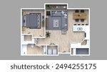 3d floor plan rendering for One bedroom ,kitchen, living , and Bathroom.