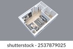  3d floor plan rendering for One bedroom ,kitchen, living , and Bathroom.