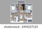 3d floor plan rendering for Two bedroom ,kitchen, living , and Bathroom.