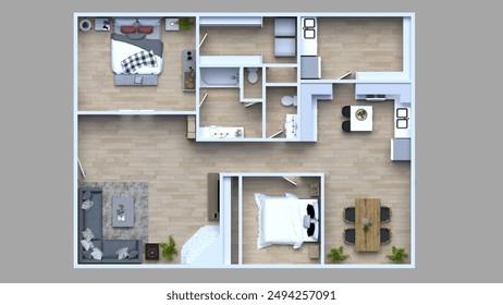 3d floor plan rendering for Two bedroom ,kitchen, living , and Bathroom.