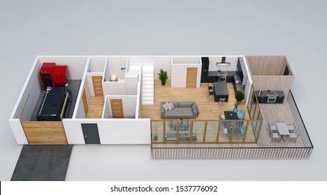 3d Floorplan, Isometric View Of The House With Garage, Terrace, Deck, Outdoor Kitchen And Stairs To Second Floor, 3d Render, 3d Illustration