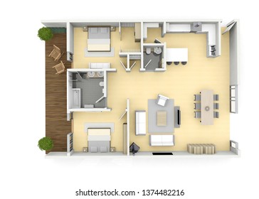 3D Floorplan of a modern luxury apaertment with 2 double bedrooms on a white background