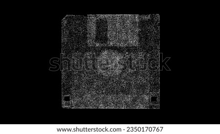 3D Floppy disk on black bg. Old Technology. Analog media storage. Vintage, retro. For title, text, presentation. Object made of shimmering particles. 3d animation 