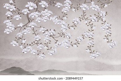 3d floral mural wallpaper with a light simple gray background. branches of flowers, mountains. modern landscape art for wall home decor	
