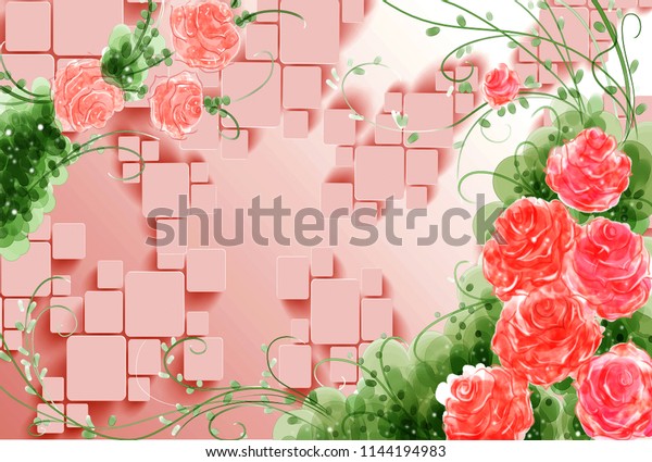 正方形の背景に3d花柄の壁紙 3dレンダリング のイラスト素材