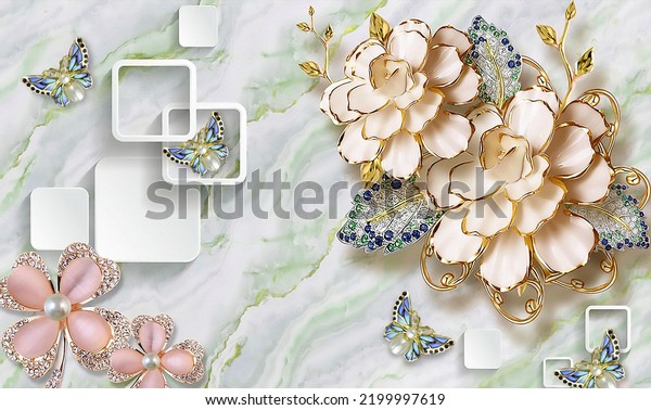 3D Flower with butterfly diamond on 3d background