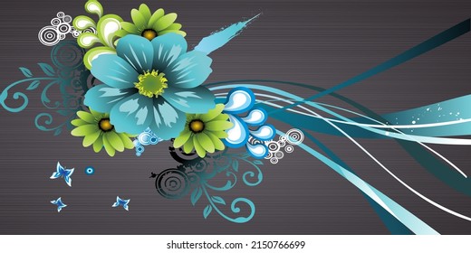 3D Flower Green And Light Blue Flower Decoration.Wooden Base Background.