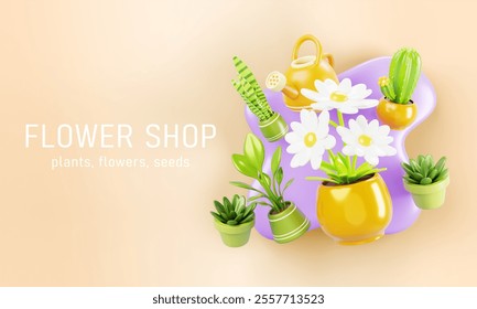 3d flower shop banner. House plants in pot, chamomile bouquet, cactus, green bushes and trees with watering can render. Florist store poster, order and delivery of flowers concept. 3D Illustration - Powered by Shutterstock