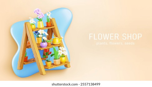 3d flower shop banner. Wooden stepladder or garden rack with blossom house plants in pot and watering can render. Florist store interior with rose, tulip in vase on wood shelf stand. 3D Illustration - Powered by Shutterstock