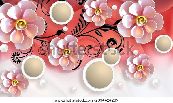 3D flowers red background with circle wallpaper for walls 3d rendering