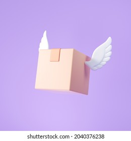 3d Flying box with wings, business package shipping and delivery concept. 3d render illustration