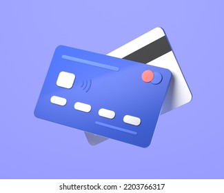 3d Flying Credit Cards On Blue Background, Card Payment, Credit Card Accept, Online Payment Concept. 3d Render Illustration