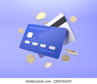 3d Flying Credit Cards On Blue Background, Card Payment, Credit Card Accept, Online Payment Concept. 3d Render Illustration