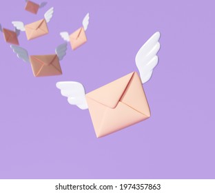 3D Flying Envelope Wings, Incoming Mail Notify, Newsletter And Online Email Concept. 3d Render Illustration