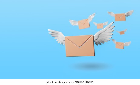 3D Flying Envelope Wings Isolated On Blue Background, Mail Delivery, And Newsletter Concept, Online Incoming Email Notify Concept, 3d Rendering Illustration