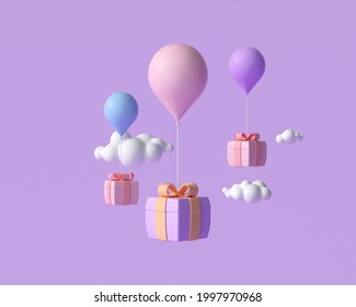 3D Flying Gift Box With Balloons, Online Shopping, Greeting, And Celebrate Concept. 3d Render Illustration