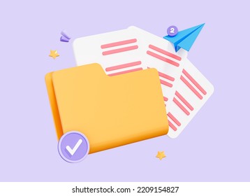 3D Folder With Document Files. Digital Management. Online Paperwork And Business Organisation. Database Storage. Project Data. Cartoon Creative Design Icon Isolated On Purple Background. 3D Rendering