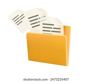 3D folder with document files illustration. Computer folder with files. File transfer of document in folder, cloud storage, connection docs information migration. Access remote file documents