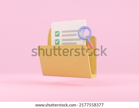 3d folder file document and paper business. management work on project plan symbol. search assignment and exam checklist. online document information sign. 3d render illustration minimal style.