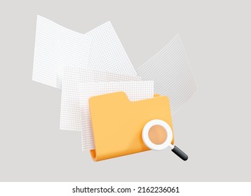 3D Folder With Magnifier And Floating Paper. Data Management. Archival Document Search. Database Concept. Searching Information. Cartoon Creative Design Icon Isolated On Background. 3D Rendering