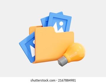 3D Folder with print image and lightbulb. Organised photo storage. Business idea concept. Portfolio folder with blue pictures. Cartoon creative design icon isolated on white background. 3D Rendering