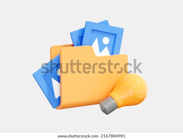 3D Folder with print image and lightbulb.\
Organised photo storage. Business idea concept. Portfolio folder\
with blue pictures. Cartoon creative design icon isolated on white\
background. 3D\
Rendering