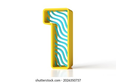 3D Font Made Of Plastic Shapes. Yellow And Blue Isometric Style Number 1. High Resolution 3D Rendering.
