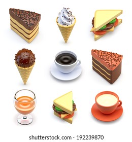 3d Food Icons Of Ice-cream, Sandwich, Cake, Coffee, Milk And Alcohol