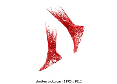 3d foot and leg red blood veins arteries, aorta knit tangled white background. vascular disease is varicose veins. venous system of the foot anatomy, clinical aspects. clipping path. 3D Illustration.