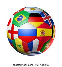 3D football soccer ball with national flags. Isolated on white