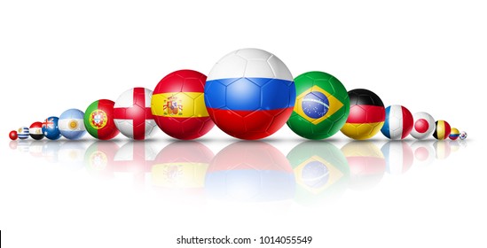 3D football soccer balls with national flags. Isolated on white