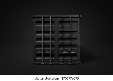 3d Front Rendering Of One Closed Black Cargo Container Standing On Dimly Lit Black Background. International Cargo Shipping. Modern Industry. Global Trade.