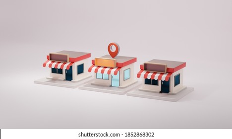 3D Front Store With Blank Store Signage At Night Time. 3d Rendering.