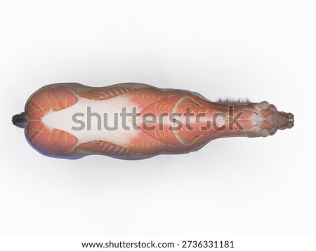 A 3D full color render shows the muscular system of a horse in superior view, highlighting dorsal musculature, presented against a clean white background.