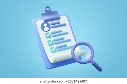 3d Functional testing checklist for job interview icon. CV resume document on clipboard, magnifier glass. Personal profile icon for worker HR search, human resources. Cartoon 3d render. Clipping path. - Powered by Shutterstock