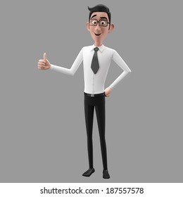 3d Funny Character, Cartoon Sympathetic Looking Business Man, Dear Person In Suit With Glasses And Tie, Thumbs Up