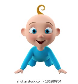 3d Funny Single Cartoon Character, Sweet Blue-eyed Baby Boy Icon, One Smiling Cartoon Child, Blond Hair, Blue Outfit, Isolated On White Background