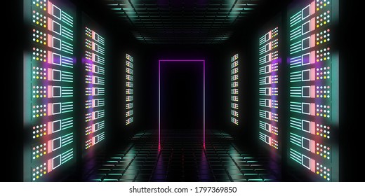 3d Future Datacenter Concept With Neon Lights. 3d Illustration