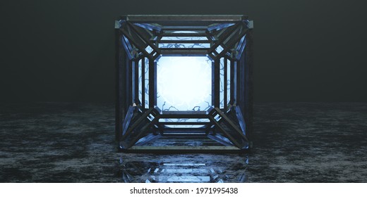 3d Futuristic Metallic Box Wire Frame, With Glowing Blue Sphere, Black Background